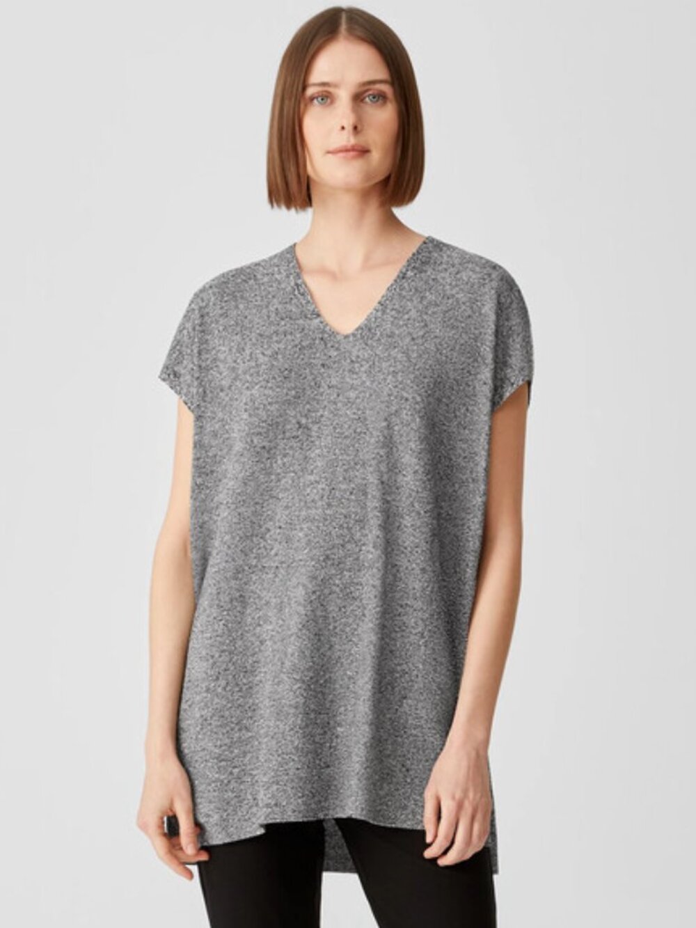 Eileen Fisher Organic Linen Cotton Twist V-Neck Top Black White XL